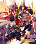  :d absurdres akapii_(jun_0512) androgynous barefoot black_hair blue_eyes hat highres holding holding_staff kurodouji long_hair looking_at_viewer multiple_boys onmyoji open_mouth red_eyes red_pupils shirodouji smile staff tate_eboshi white_hair wide_sleeves 