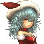  bare_shoulders blue_hair curiosities_of_lotus_asia dress fangs hair_between_eyes hat hawthorn looking_at_viewer nose open_mouth red_dress red_eyes remilia_scarlet simple_background solo touhou upper_body white_background white_hat 