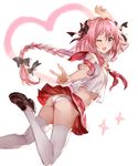  77gl ;d a ass astolfo_(fate) blush braid commentary_request fang fate/apocrypha fate/grand_order fate_(series) heart loafers long_hair looking_at_viewer male_focus one_eye_closed open_mouth otoko_no_ko panties pink_hair purple_eyes red_sailor_collar red_skirt sailor_collar school_uniform serafuku shoes short_sleeves simple_background single_braid skirt smile solo thighhighs underwear v white_background white_legwear white_panties 