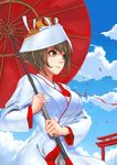  blush breasts brown_hair cloud day green_eyes haiashi hat highres holding holding_umbrella japanese_clothes kantai_collection kimono large_breasts long_sleeves looking_to_the_side mutsu_(kantai_collection) oriental_umbrella outdoors short_hair sky torii tsunokakushi uchikake umbrella 