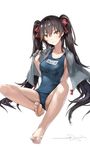  :d august1st bangs barefoot black_hair bow breasts brown_eyes collarbone commentary_request feet girls_frontline hair_between_eyes hair_bow highres long_hair looking_at_viewer medium_breasts name_tag old_school_swimsuit one-piece_swimsuit open_mouth qbz-97_(girls_frontline) red_bow school_swimsuit sidelocks simple_background sitting smile soaking_feet soles solo swimsuit teeth toes towel towel_around_neck twintails very_long_hair white_background xie_yizhen 