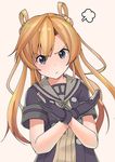  abukuma_(kantai_collection) angry black_gloves blonde_hair blue_eyes commentary gloves grey_sailor_collar hair_rings highres kantai_collection long_hair masukuza_j partly_fingerless_gloves pink_background remodel_(kantai_collection) sailor_collar short_sleeves simple_background solo x_arms 