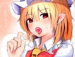  arisakak_(valshun1225) ascot bangs blonde_hair blush candy commentary eyebrows_visible_through_hair face flandre_scarlet food hair_between_eyes hat holding lollipop looking_at_viewer mob_cap nose_blush pointy_ears portrait red_eyes solo sweat touhou translated white_hat 