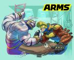  aqua_background arm_wrestling arms_(game) biceps black_gloves bodysuit boxing_gloves clenched_teeth commentary_request gloves grin helmet highres ishikawa_masaaki logo master_mummy_(arms) max_brass monster_boy multiple_boys mummy no_pupils official_art simple_background smile table teeth wrestling_outfit 
