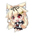  :3 :d animal_ears black_gloves blonde_hair bow cat_ears chibi commentary_request fang gloves hair_bow hair_flaps hair_ornament hair_ribbon hairclip kantai_collection kemonomimi_mode long_hair looking_at_viewer open_mouth peta_(taleslove596) pleated_skirt red_eyes remodel_(kantai_collection) ribbon scarf school_uniform serafuku simple_background skirt smile solo white_background yuudachi_(kantai_collection) 