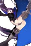  :d ass blue_eyes crotch_plate fate/extra fate/extra_ccc fate_(series) greaves highres leg_lift leg_up long_hair looking_at_viewer meltlilith navel open_mouth purple_hair revealing_clothes shimomoto simple_background smile solo teeth white_background 