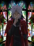  amakusa_shirou_(fate) cassock cross cross_necklace dark_skin dark_skinned_male fate/apocrypha fate_(series) holding_cross jewelry male_focus necklace priest solo stained_glass white_hair yellow_eyes yoi_(207342) 
