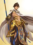 ahoge armor brown_hair cape dark_skin dark_skinned_male earrings fate/prototype fate/prototype:_fragments_of_blue_and_silver fate_(series) jewelry male_focus ozymandias_(fate) shirtless solo staff yellow_eyes yoi_(207342) 