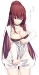  blush breasts choker cleavage dev eyebrows_visible_through_hair girls_frontline highres large_breasts long_hair md5_mismatch ponytail purple_hair red_eyes see-through shiny shiny_skin shirt simple_background skindentation solo tight_shirt translated trembling very_long_hair wa2000_(girls_frontline) white_background zipping 