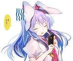  animal_ears bangs bunny_ears cellphone closed_eyes commentary_request gloom_(expression) hands_up holding holding_phone long_hair necktie nuudoru phone puffy_short_sleeves puffy_sleeves purple_hair red_neckwear reisen_udongein_inaba short_sleeves simple_background smartphone smile solo tears touhou translation_request upper_body white_background 