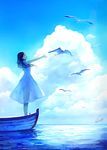  akagi_shun arms_up bird black_eyes black_hair boat cloud day dress from_side long_hair looking_away looking_up medium_hair original outdoors seagull see-through signature sky smile solo standing translucent_dress water watercraft waves white_dress 