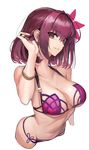  adjusting_hair alternate_hair_length alternate_hairstyle bikini bracelet breasts collarbone fate/grand_order fate_(series) flower grin hair_flower hair_intakes hair_ornament hibiscus jewelry large_breasts looking_at_viewer mins_(minevi) navel purple_bikini purple_hair red_eyes scathach_(fate)_(all) scathach_(swimsuit_assassin)_(fate) short_hair simple_background smile solo swimsuit upper_body white_background work_in_progress 