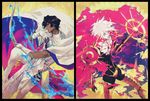  ankai_(rappelzankai) arjuna_(fate/grand_order) armor black_hair blue_eyes blue_fire bow_(weapon) brothers cape dark_skin dark_skinned_male fate/apocrypha fate/grand_order fate_(series) fire fur_collar gloves karna_(fate) male_focus multiple_boys pale_skin siblings weapon white_gloves white_hair 