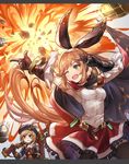  armor armpits bags_under_eyes beret blonde_hair bottle bracelet brown_eyes cape clarisse_(granblue_fantasy) commentary_request djeeta_(granblue_fantasy) drooling explosion feathers flask frilled_skirt frills gloves granblue_fantasy green_eyes gun hair_ribbon hat hawkeye_(granblue_fantasy) highres jewelry maruhide666 multiple_girls one_eye_closed orange_hair ribbon saliva short_hair shoulder_armor skirt v weapon 