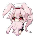  animal_ears beret bunny_ears chibi commentary_request doll_hug harusame_(kantai_collection) hat kantai_collection kemonomimi_mode long_hair looking_at_viewer peta_(taleslove596) pink_hair pleated_skirt red_eyes school_uniform serafuku side_ponytail simple_background sitting skirt solo stuffed_animal stuffed_bunny stuffed_toy white_background 