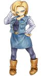 android_18 black_shirt blonde_hair blue_eyes boots dragon_ball dragon_ball_z earrings expressionless full_body hand_on_hip hand_on_own_face jewelry long_sleeves looking_away pantyhose shirt short_hair simple_background skirt solo tkgsize waistcoat white_background 