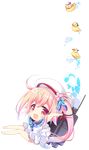  :d anchor_symbol bare_legs beret blue_hair chibi dress flower flower-shaped_pupils gradient_hair hair_flower hair_ornament harusame_(kantai_collection) hat highres kantai_collection long_hair looking_at_viewer multicolored_hair open_mouth pink_hair red_eyes ringo_sui rubber_duck sailor_collar side_ponytail smile solo transparent_background water white_dress 