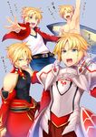  abs absurdres angry are_you_my_master arm_support arm_up armor belt blonde_hair blue_background bracelet fang fate/apocrypha fate_(series) genderswap genderswap_(ftm) green_eyes highres jacket jewelry male_focus male_swimwear mordred_(fate) mordred_(fate)_(all) mordred_(fate/prototype) mordred_(swimsuit_rider)_(fate) multiple_persona necklace open_clothes open_jacket shirtless skin_tight surfing swimwear toned toned_male translated weaponman 
