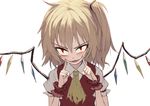  ascot blonde_hair blush fangs fingersmile fkey flandre_scarlet looking_at_viewer puffy_short_sleeves puffy_sleeves red_eyes short_sleeves simple_background solo touhou tsurime upper_body vampire vest white_background wings wrist_cuffs 