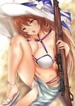  bikini blush breasts brown_hair cleavage gatchapowa girls_frontline green_eyes gun hat large_breasts long_hair looking_at_viewer m1903_springfield m1903_springfield_(girls_frontline) rifle sarong sun_hat swimsuit torn_bikini wardrobe_malfunction weapon 