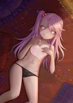  :q absurdres black_panties chloe_von_einzbern chromatic_aberration commentary_request dark_skin fate/kaleid_liner_prisma_illya fate_(series) flat_chest flower glowing glowing_eyes hair_bobbles hair_ornament hands_on_own_chest heart highres long_hair looking_at_viewer lying miaoxiaohuhu naughty_face navel nipples on_back panties petals pillow pink_hair red_eyes red_flower red_rose rose rose_petals side_ponytail smile solo stomach_tattoo tattoo tongue tongue_out topless underwear underwear_only v-shaped_eyebrows 