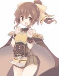  bare_shoulders blush bow bracelet breastplate brown_eyes brown_hair cape dyute_(fire_emblem) fang fire_emblem fire_emblem_echoes:_mou_hitori_no_eiyuuou fire_emblem_heroes jewelry long_hair ponytail simple_background solo teu_(navy) white_background 