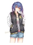  akira_(aky-la) artist_name blue_hair casual commentary_request cowboy_shot denim denim_shorts gradient_hair hands_in_pockets jacket letterman_jacket long_hair looking_at_viewer multicolored_hair phantasy_star phantasy_star_online_2 quna_(pso2) red_eyes shorts simple_background solo twintails twitter_username white_background 