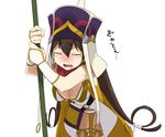  breasts brown_hair cleavage closed_eyes earrings fate/grand_order fate_(series) hat jewelry large_breasts long_hair open_mouth shimomoto solo sweat tears xuanzang_(fate/grand_order) 