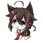  ahoge all_fours animal_ears black_gloves black_hair blue_eyes blush_stickers bow braid cat_ears cat_tail chibi commentary_request eyebrows_visible_through_hair gloves hair_between_eyes hair_bow hair_flaps hair_ornament hair_ribbon kantai_collection kemonomimi_mode long_hair looking_at_viewer open_mouth peta_(taleslove596) pleated_skirt remodel_(kantai_collection) ribbon school_uniform serafuku shigure_(kantai_collection) simple_background single_braid skirt solo tail white_background 