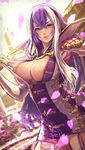  &gt;:) blue_eyes blush breasts bridal_gauntlets cleavage closed_mouth clothes_pull commentary_request cowboy_shot dress hair_between_eyes hand_on_hip high_collar highres isabelle_(shadowverse) kaburagi_yasutaka large_breasts long_hair looking_at_viewer magic_circle multicolored_hair pulled_by_self purple_hair shadowverse short_dress smile solo two-tone_hair v-shaped_eyebrows white_hair 