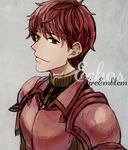  armor copyright_name fire_emblem fire_emblem_echoes:_mou_hitori_no_eiyuuou grey_background light_smile looking_at_viewer lukas_(fire_emblem) male_focus recton red_armor red_eyes red_hair solo upper_body 
