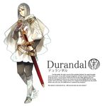  bandaged_hands bandages belt bob_cut boots cape character_name crest durandal english full_body knight male_focus original personification rosel-d sigil silver_eyes silver_hair simple_background smile solo sword touken_ranbu weapon white_background 