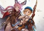  ahoge animal_ears antique_firearm armor bag beret blonde_hair bottle bow bow_(weapon) braid brown_eyes bunny cape commentary_request djeeta_(granblue_fantasy) erune esser expressionless firearm gloves granblue_fantasy gun hand_on_another's_shoulder hat hawkeye_(granblue_fantasy) ice ice_bow maruhide666 multiple_girls pink_hair purple_eyes short_hair shoulder_armor skirt star tearing_up tears weapon white_background white_skirt 