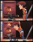  2koma alternate_form animal_print belt black_border blue_eyes border brown_eyes brown_hair comic cow_print cowboy_hat desk electric_socket english eye_contact fingerless_gloves gloves hat kingdom_hearts kingdom_hearts_iii looking_at_another multiple_boys open_mouth outstretched_arms pixar scarf sheriff_badge sheriff_woody shouting sora_(kingdom_hearts) source_quote_parody spiked_hair subtitled toy toy_story uzucake vest 