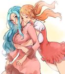  ;q blue_hair blush breasts commentary dress earrings glomp highres hug hug_from_behind jewelry kenshin187 large_breasts long_hair multiple_girls nami_(one_piece) nefertari_vivi one_eye_closed one_piece orange_hair pink_dress tongue tongue_out yuri 