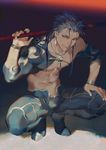  blue_hair bodysuit crescent_necklace detached_sleeves earrings fate/grand_order fate/stay_night fate_(series) gae_bolg igote jewelry lancer looking_at_viewer male_focus necklace open_clothes over_shoulder polearm red_eyes rei_(sanbonzakura) shirt shirtless single_bare_shoulder solo spear squatting weapon weapon_over_shoulder 