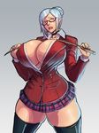  1girl blazer blush breasts bullitbikini cleavage curvy glasses huge_breasts looking_at_viewer prison_school red_eyes riding_crop shiraki_meiko solo standing thick_thighs thighs white_hair wide_hips 