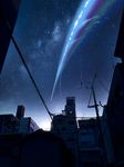  commentary_request highres kimi_no_na_wa night night_sky no_humans power_lines rainbow scenery shooting_star sky solafin star_(sky) starry_sky 
