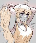  adjusting_hair ahoge armpits arms_up blonde_hair bow breasts cleavage commentary_request grey_background korean large_bow large_breasts long_hair ndgd ponytail purple_eyes rwby sketch smiley_face solo spot_color tank_turret yang_xiao_long 