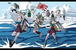  6+girls :d ;d admiral_(kantai_collection) ahoge antenna_hair antennae arashi_(kantai_collection) arm_warmers asashimo_(kantai_collection) ashigara_(kantai_collection) asymmetrical_hair backpack bag bangs black_hair black_legwear black_skirt blue_eyes blue_skirt boat boots bow bowtie breasts brown_eyes brown_hair closed_eyes commentary_request cross-laced_footwear crossed_arms double_bun flag flipped_hair from_side glasses gloves green_hair grey_hair hair_over_one_eye hairband hand_behind_head hand_on_hip hand_on_own_face happi hat highres hip_vent holding holding_flag holding_microphone idol japanese_clothes kantai_collection kasumi_(kantai_collection) kiyoshimo_(kantai_collection) lace-up_boots long_hair low_twintails messy_hair microphone military military_uniform multiple_girls naka_(kantai_collection) naval_uniform ndkazh neckerchief nowaki_(kantai_collection) ocean one_eye_closed ooyodo_(kantai_collection) open_mouth pantyhose peaked_cap pencil_skirt pleated_skirt pointing pointing_forward purple_legwear radar radio_antenna randoseru red_hair remodel_(kantai_collection) rising_sun school_uniform seaplane searchlight serafuku sharp_teeth shirt short_sleeves side_ponytail silver_eyes silver_hair skirt small_breasts smile sunburst suspenders swept_bangs teeth thighhighs twintails uniform v-shaped_eyebrows very_long_hair vest watercraft wavy_hair white_gloves white_shirt yellow_eyes yuugumo_(kantai_collection) 
