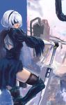 artist_name back_cutout black_dress black_hairband blindfold boots commentary_request covered_eyes dante_t._takumi dress feather-trimmed_sleeves hairband highres katana lips long_sleeves nier_(series) nier_automata nose planted_sword planted_weapon silver_hair solo sword thigh_boots thighhighs thighhighs_under_boots weapon yorha_no._2_type_b 