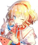  ;t alice_margatroid blonde_hair blue_dress blue_eyes blush blush_stickers bow capelet cheek-to-cheek commentary_request doll dress eating food hair_bow hairband lolita_hairband looking_at_viewer melting nuudoru one_eye_closed popsicle puffy_short_sleeves puffy_sleeves red_bow shanghai_doll short_hair short_sleeves simple_background smile solo touhou upper_body v watermelon_bar white_background white_capelet wrist_cuffs 