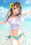  :d aqua_bikini bangs bikini bikini_under_clothes blue_sky breasts brown_eyes brown_hair commentary cowboy_shot day eyebrows_visible_through_hair flower hair_flower hair_ornament highres long_hair looking_at_viewer medium_breasts morikura_en navel ocean open_mouth original outdoors outstretched_arms petals revision see-through shirt short_sleeves side-tie_bikini sky small_breasts smile solo sunflower swimsuit teeth thighs tied_shirt twitter_username wet wet_clothes wet_shirt white_shirt 