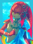  bellhenge breasts fins fish_girl hair_ornament jewelry long_hair mipha monster_girl multicolored multicolored_skin no_eyebrows red_hair red_skin small_breasts smile solo the_legend_of_zelda the_legend_of_zelda:_breath_of_the_wild yellow_eyes zora 
