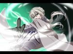  armor bedivere blonde_hair braid cape fate/stay_night fate_(series) gauntlets green_eyes gyuunyuu_(060828) hair_up letterboxed long_hair magic male_focus solo twintails white_hair 