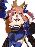  :d animal_ears bare_shoulders blue_legwear breasts cleavage detached_sleeves fang fate/extra fate_(series) fox_ears fox_tail highres japanese_clothes kimono large_breasts long_hair looking_at_viewer open_mouth pink_hair shimomoto smile solo tail tamamo_(fate)_(all) tamamo_no_mae_(fate) yellow_eyes 