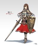  armor belt boobplate breastplate brown_hair commentary_request dress fantasy frown gia gradient gradient_background grey_background highres holding holding_shield holding_weapon insignia knight long_hair long_sword metal_boots metal_gloves original ornate_armor pauldrons plate_armor red_dress red_eyes shield signature simple_background solo standing weapon 