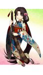  absurdly_long_hair alternate_costume black_hair blue_eyes blush fate/grand_order fate_(series) flower full_body hair_flower hair_ornament holding holding_sword holding_weapon japanese_clothes katana kimono long_hair looking_at_viewer outside_border ponytail sandals sheath sheathed shimomoto smile socks solo sword tabi ushiwakamaru_(fate/grand_order) very_long_hair weapon white_legwear 