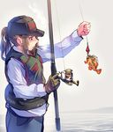  blue_eyes brown_hair cigarette commentary_request daito earrings fish fishing fishing_line fishing_rod gloves hat highres holding holding_fishing_rod jewelry long_sleeves mole mole_under_eye original ponytail smoke smoking solo vest 