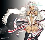  altera_(fate) bare_shoulders dark_skin detached_sleeves fate/extella fate/extra fate_(series) jewelry kikuzuki_tarou looking_at_viewer midriff navel necklace red_eyes short_hair simple_background solo tattoo veil white_hair 